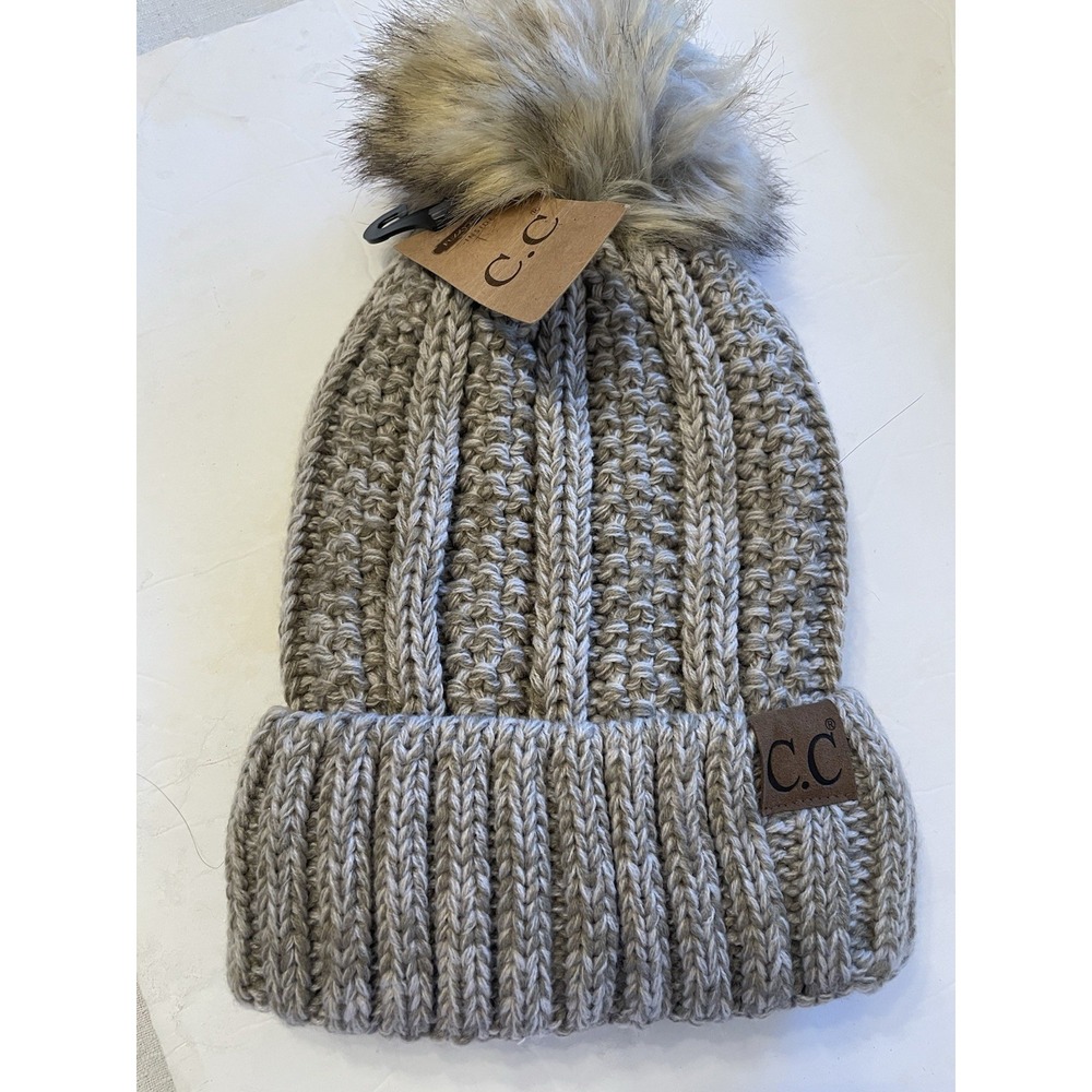 NWT C.C. Beanie Women Cable Knit Faux Fur Pom Fuzzy Lined Taupe Gray OS - Picture 2 of 7